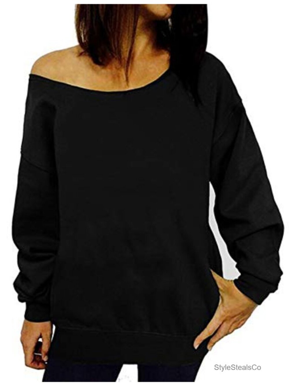 Womens Off Shoulder Slouchy Sweatshirt Pullover Cotton Polyester Blend